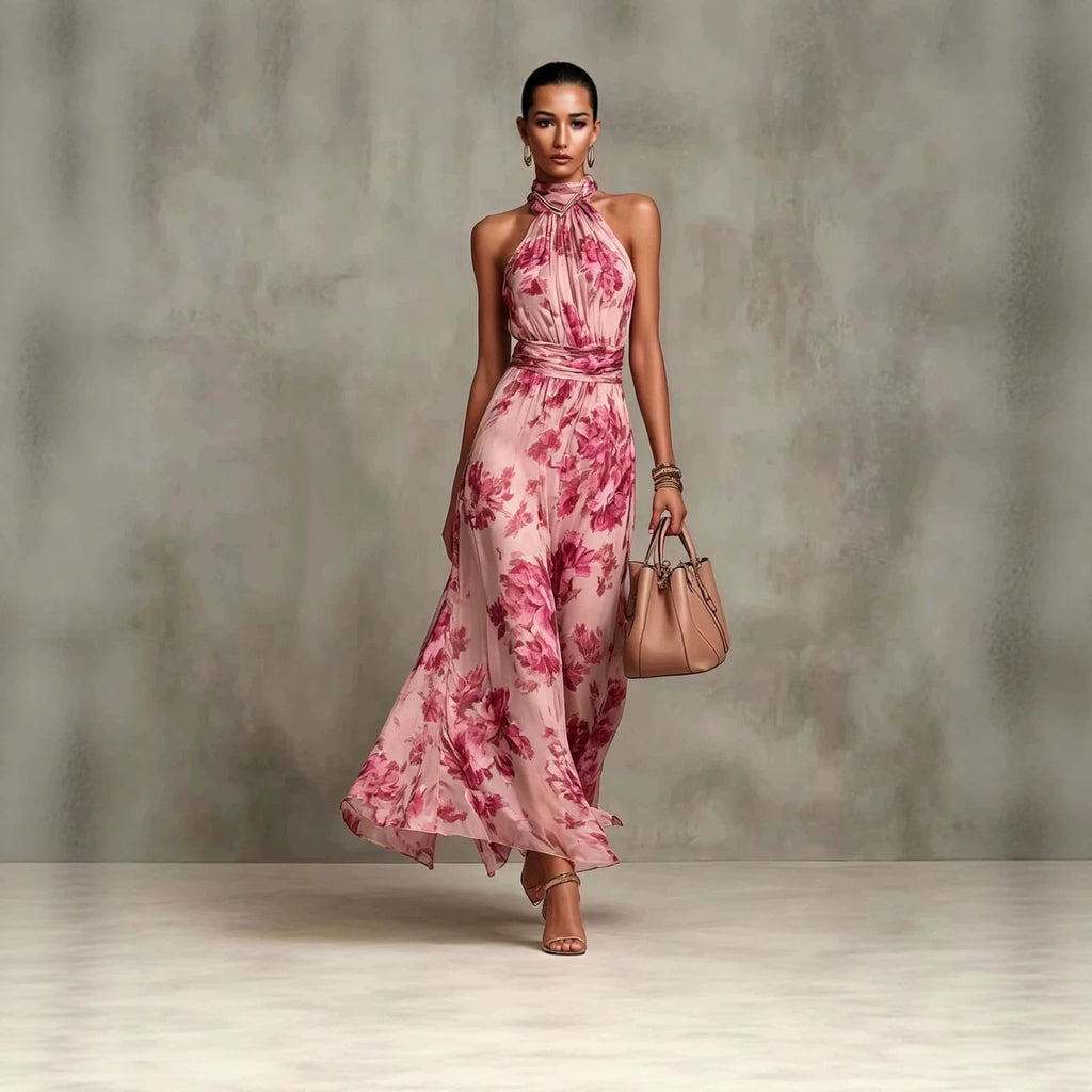 Robe maxi en mousseline imprimée à porter suspendue au cou, sans manches - IVOIRART.COM