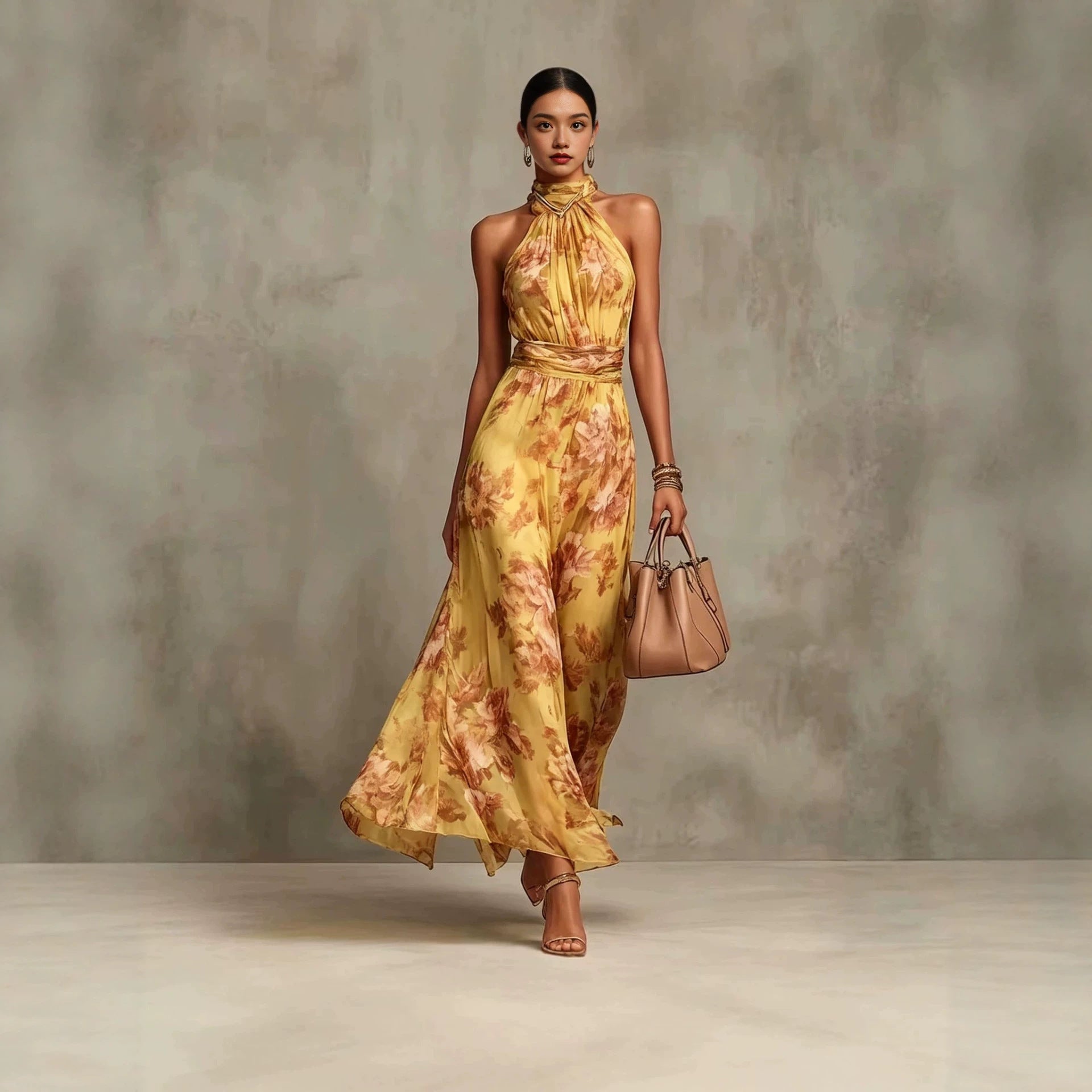 Robe maxi en mousseline imprimée à porter suspendue au cou, sans manches - IVOIRART.COM