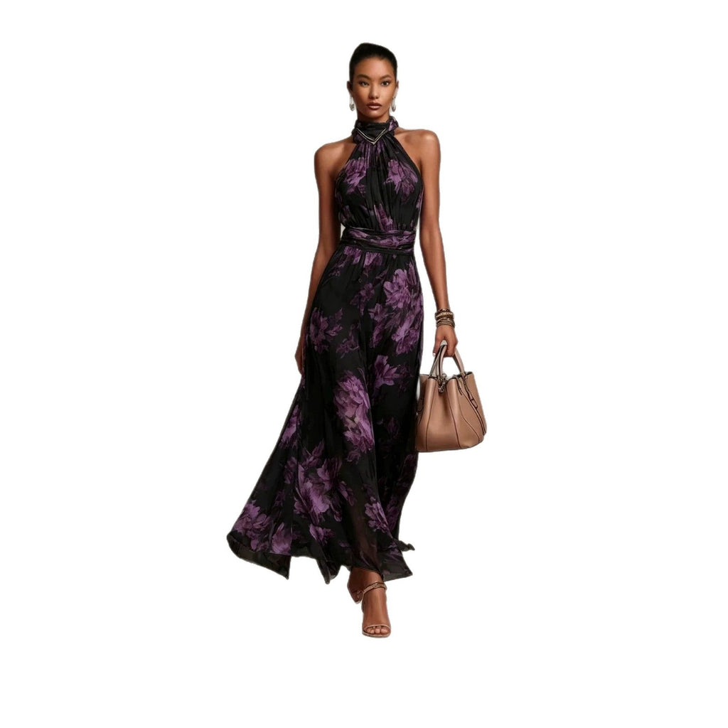 Robe maxi en mousseline imprimée à porter suspendue au cou, sans manches - IVOIRART.COM