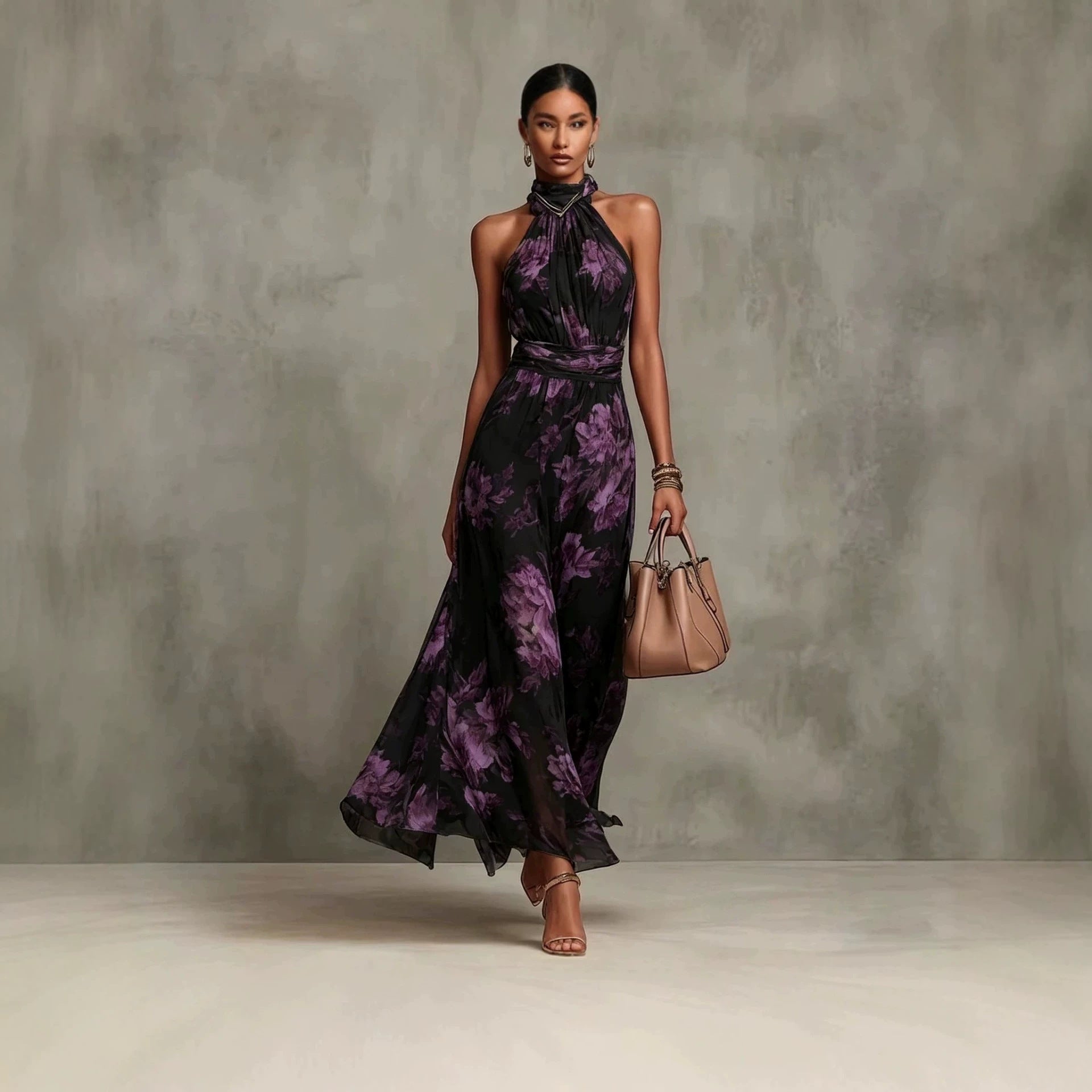Robe maxi en mousseline imprimée à porter suspendue au cou, sans manches - IVOIRART.COM