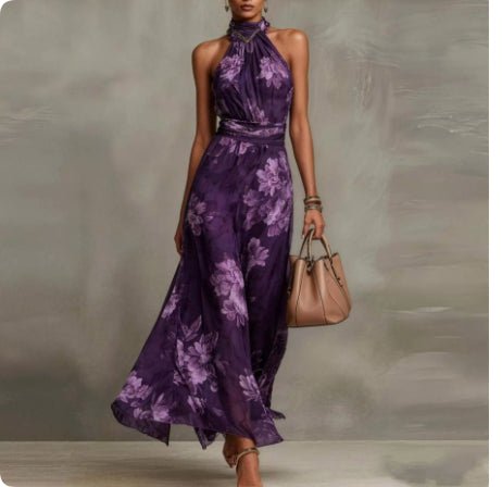 Robe maxi en mousseline imprimée à porter suspendue au cou, sans manches - IVOIRART.COM