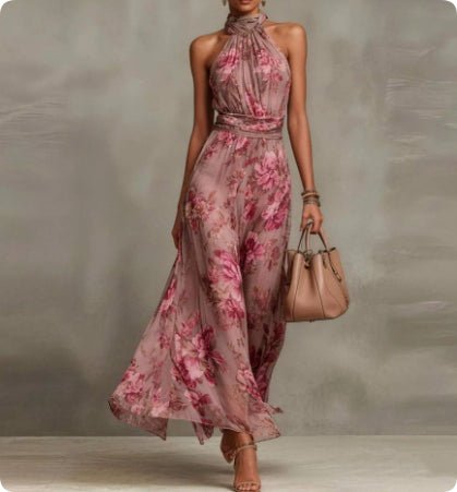 Robe maxi en mousseline imprimée à porter suspendue au cou, sans manches - IVOIRART.COM