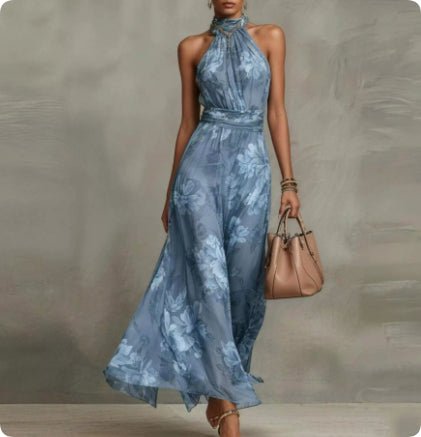 Robe maxi en mousseline imprimée à porter suspendue au cou, sans manches - IVOIRART.COM