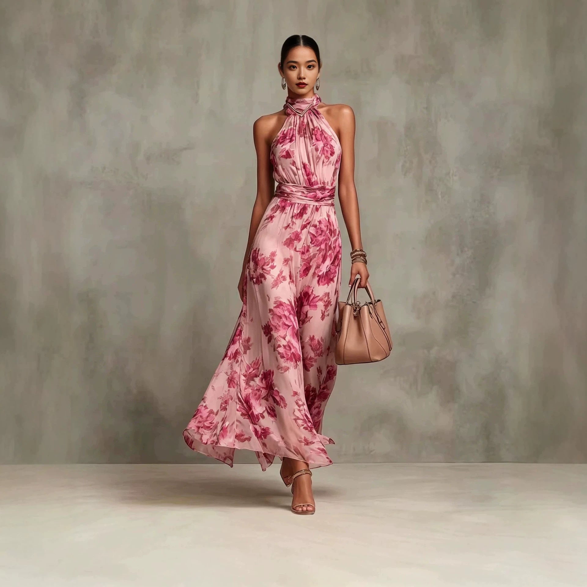 Robe maxi en mousseline imprimée à porter suspendue au cou, sans manches - IVOIRART.COM