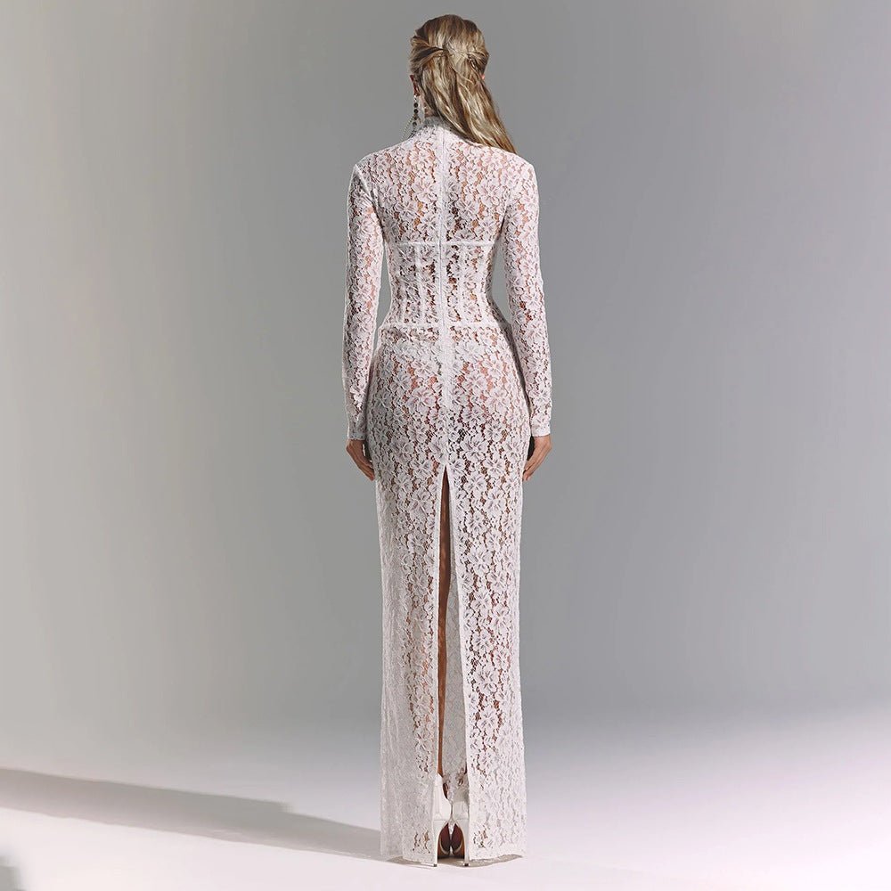 Robe Maxi Étroite Transparente à Motifs en Dentelle Blanche, Manches Longues,S-XL - IVOIRART.COM