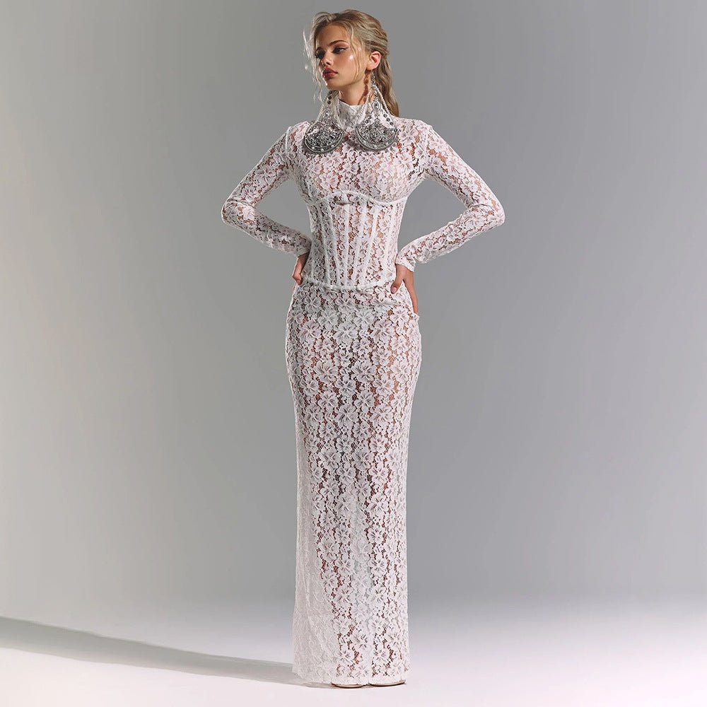 Robe Maxi Étroite Transparente à Motifs en Dentelle Blanche, Manches Longues,S-XL - IVOIRART.COM