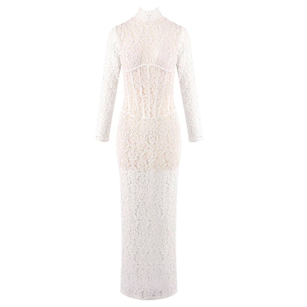 Robe Maxi Étroite Transparente à Motifs en Dentelle Blanche, Manches Longues,S-XL - IVOIRART.COM