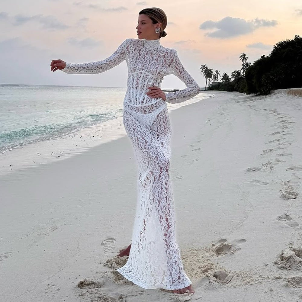 Robe Maxi Étroite Transparente à Motifs en Dentelle Blanche, Manches Longues,S-XL - IVOIRART.COM