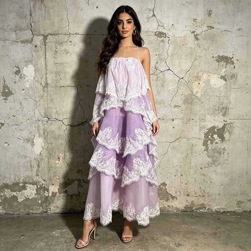 Robe maxi mousseline jaune pâle et blanc, dentelle eyelash, bretelles réglables . - IVOIRART.COM