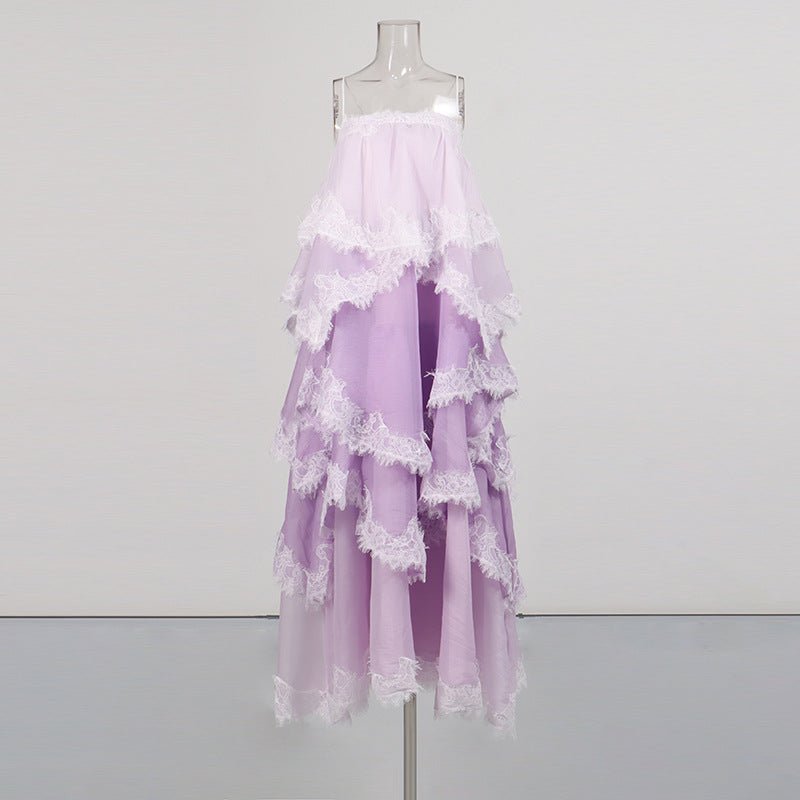 Robe maxi mousseline jaune pâle et blanc, dentelle eyelash, bretelles réglables . - IVOIRART.COM