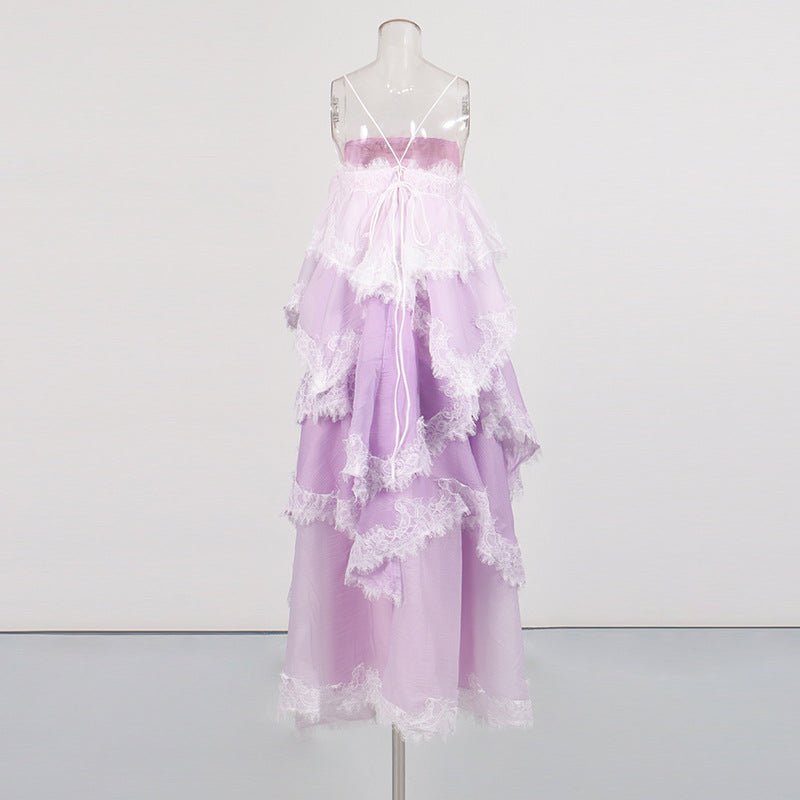 Robe maxi mousseline jaune pâle et blanc, dentelle eyelash, bretelles réglables . - IVOIRART.COM
