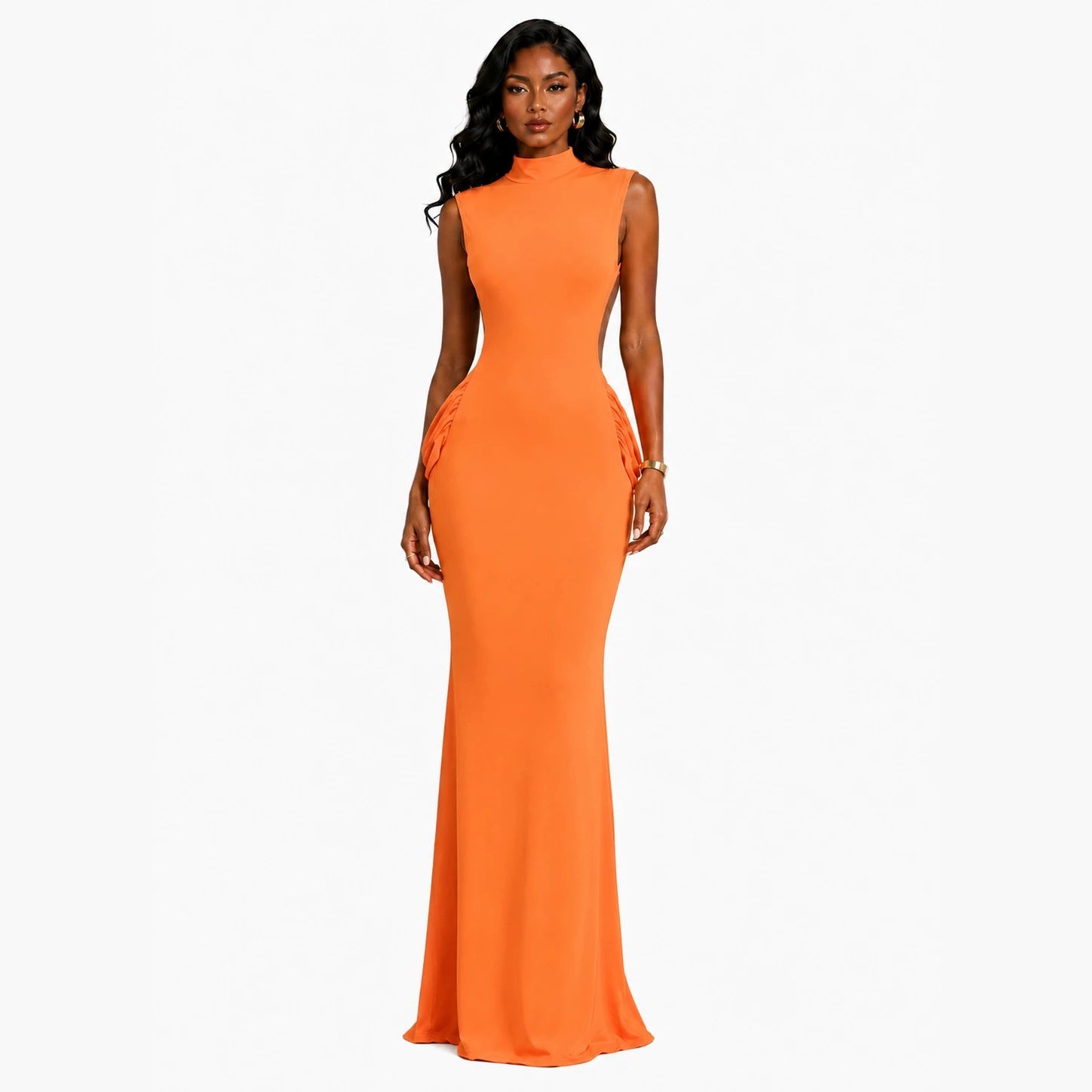 Robe mi-haute dos nu valorisante, élégante et délicatement plissée, longue - IVOIRART.COM