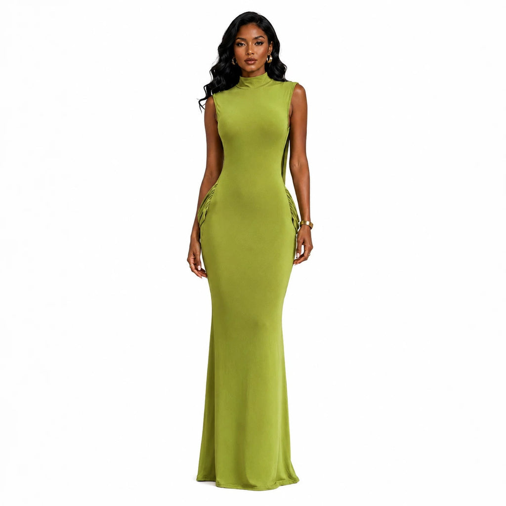 Robe mi-haute dos nu valorisante, élégante et délicatement plissée, longue - IVOIRART.COM