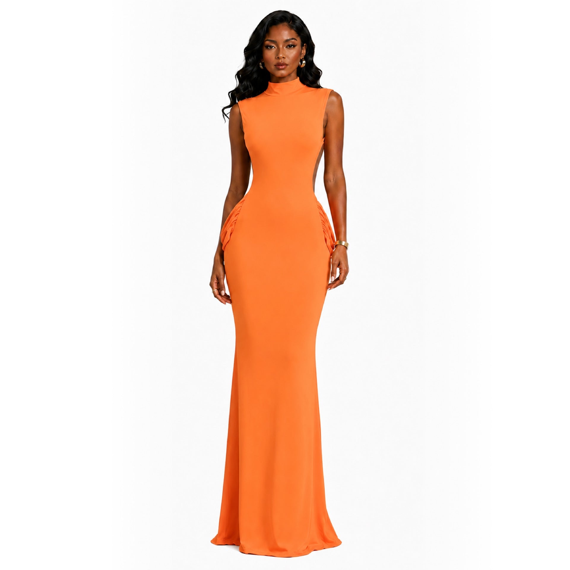 Robe mi-haute dos nu valorisante, élégante et délicatement plissée, longue - IVOIRART.COM