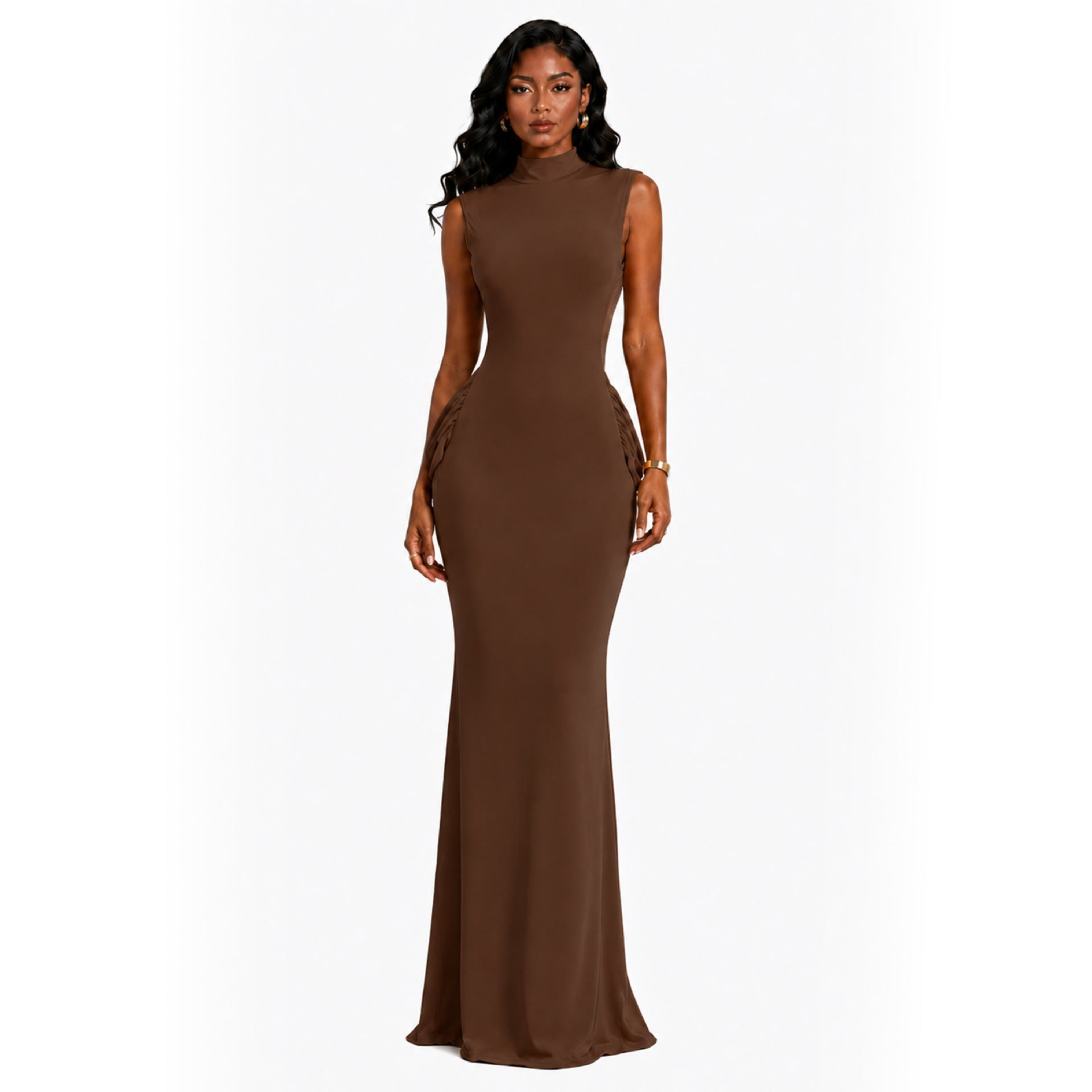 Robe mi-haute dos nu valorisante, élégante et délicatement plissée, longue - IVOIRART.COM