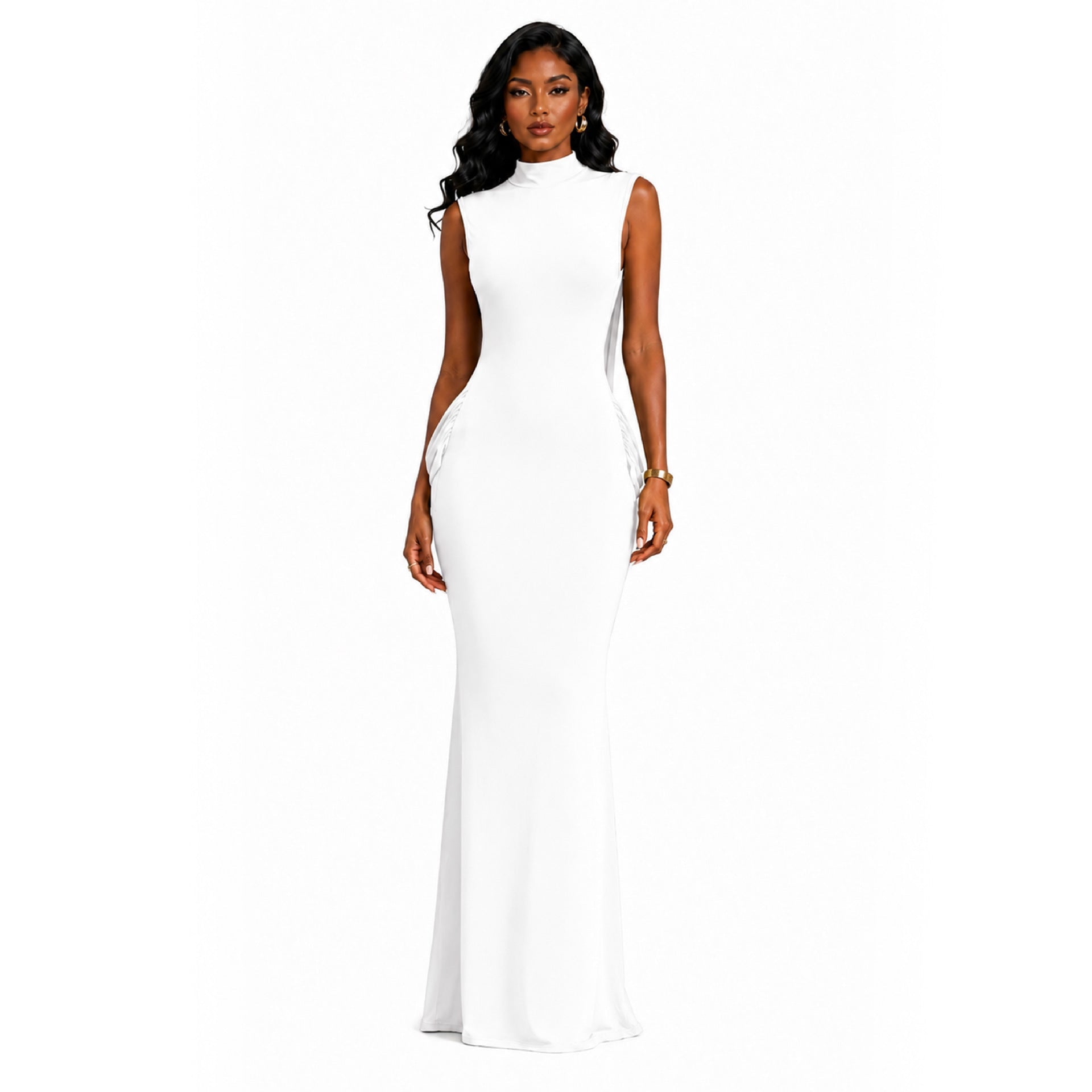 Robe mi-haute dos nu valorisante, élégante et délicatement plissée, longue - IVOIRART.COM