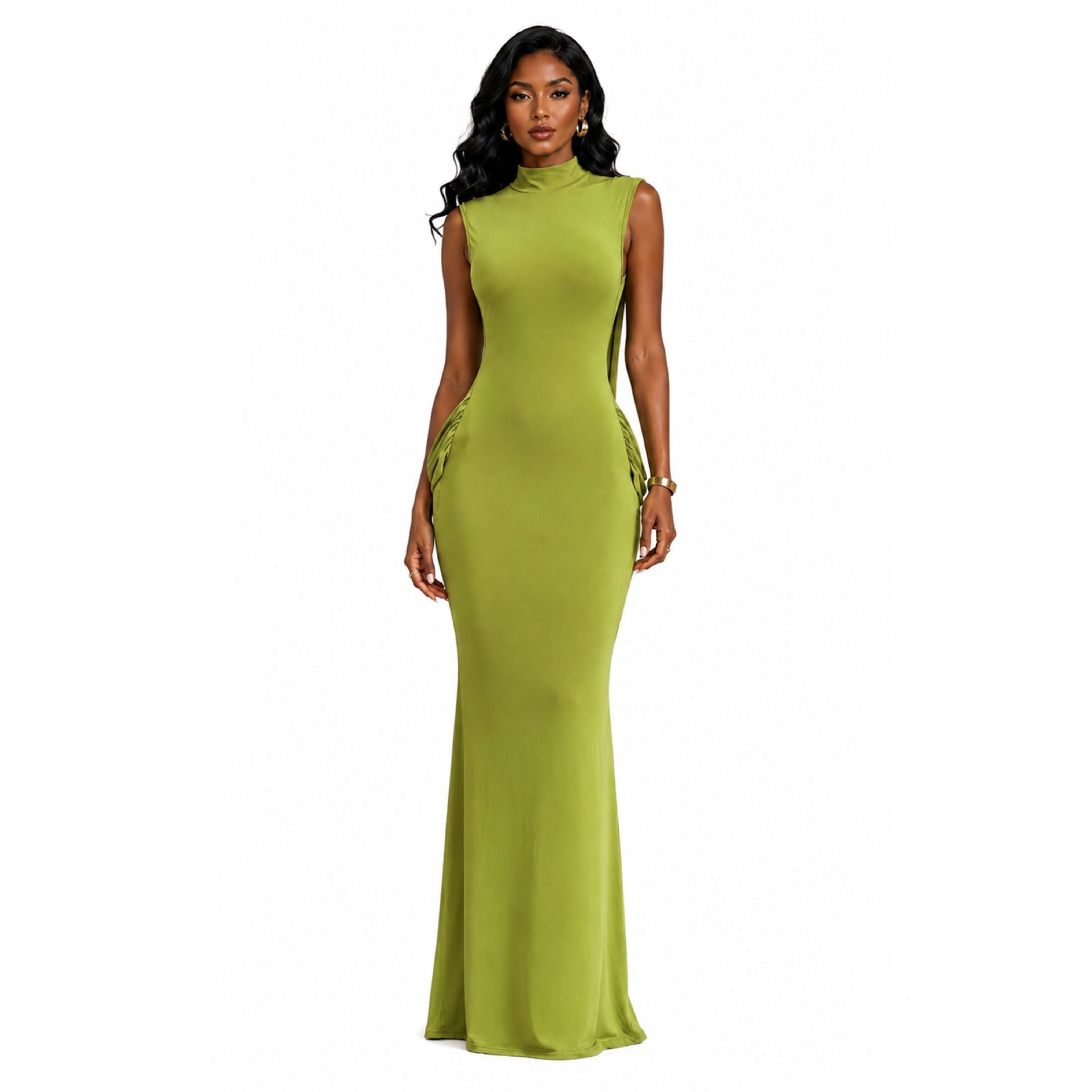 Robe mi-haute dos nu valorisante, élégante et délicatement plissée, longue - IVOIRART.COM