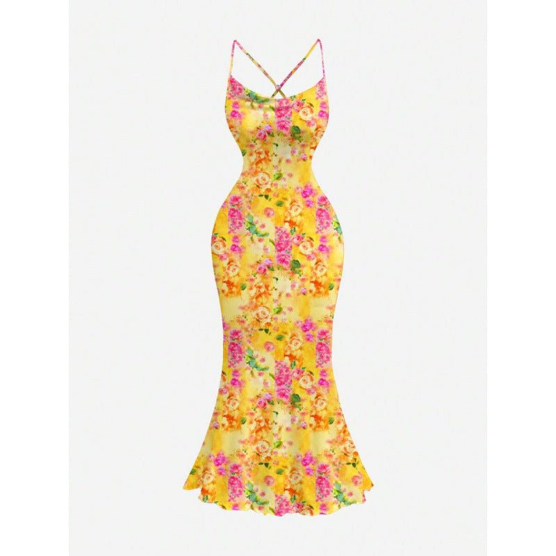 Robe Midi Élégante à Imprimé Floral, Col Halter et Queue de Poisson, Dos Nu - IVOIRART.COM
