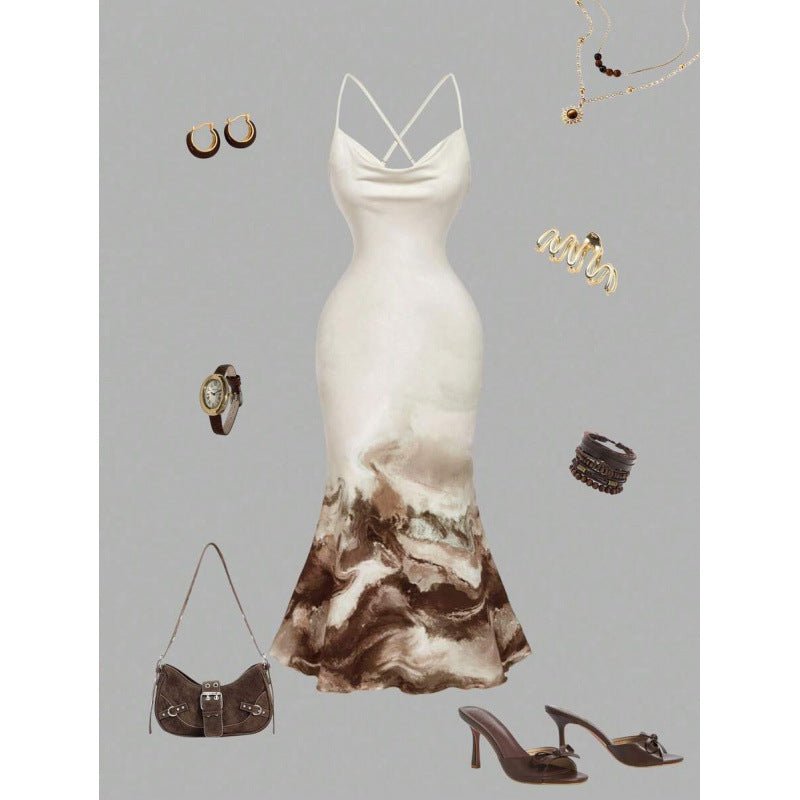 Robe Midi Élégante à Imprimé Floral, Col Halter et Queue de Poisson, Dos Nu - IVOIRART.COM