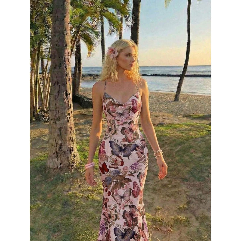 Robe Midi Élégante à Imprimé Floral, Col Halter et Queue de Poisson, Dos Nu - IVOIRART.COM