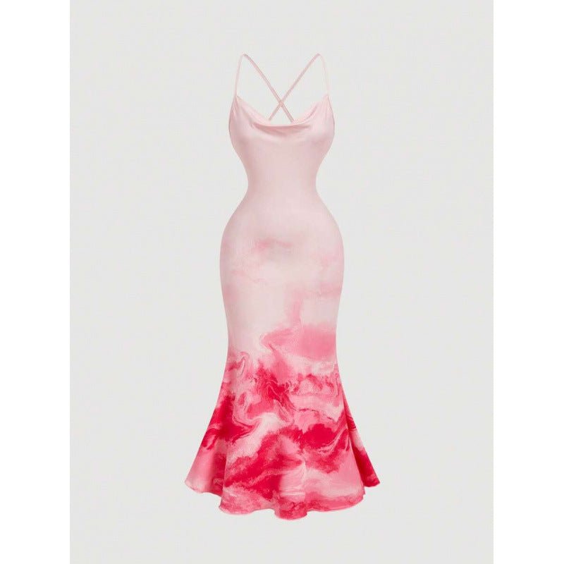 Robe Midi Élégante à Imprimé Floral, Col Halter et Queue de Poisson, Dos Nu - IVOIRART.COM