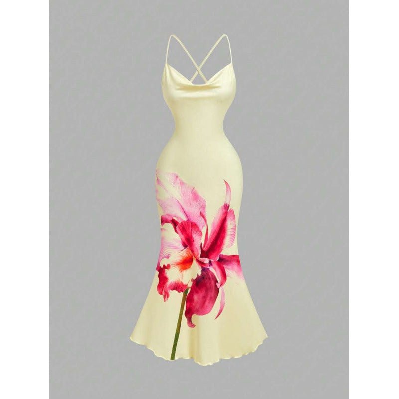 Robe Midi Élégante à Imprimé Floral, Col Halter et Queue de Poisson, Dos Nu - IVOIRART.COM