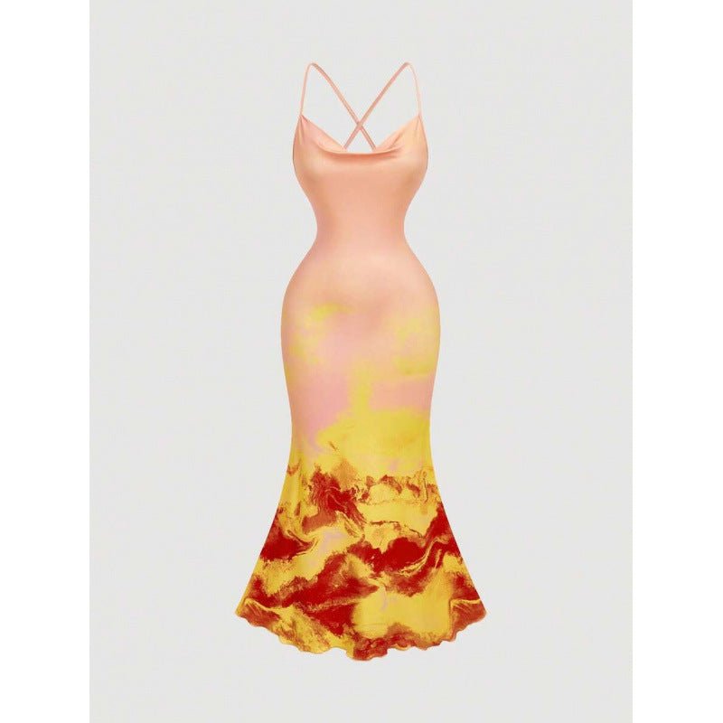 Robe Midi Élégante à Imprimé Floral, Col Halter et Queue de Poisson, Dos Nu - IVOIRART.COM