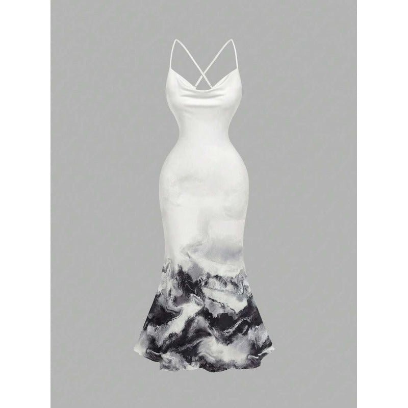 Robe Midi Élégante à Imprimé Floral, Col Halter et Queue de Poisson, Dos Nu - IVOIRART.COM