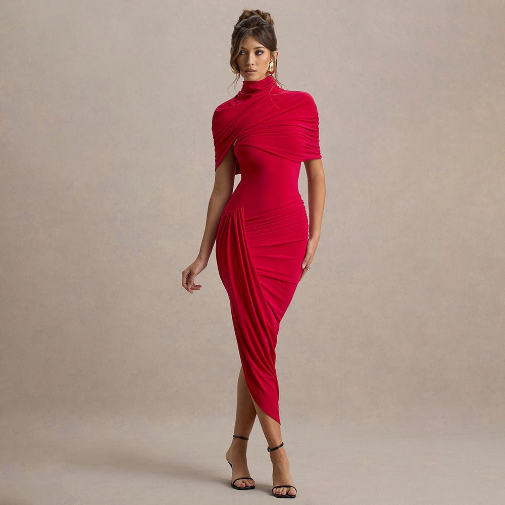 Robe Midi Moulante Froncée à Manches Cape et Col Montant Élégante - IVOIRART.COM