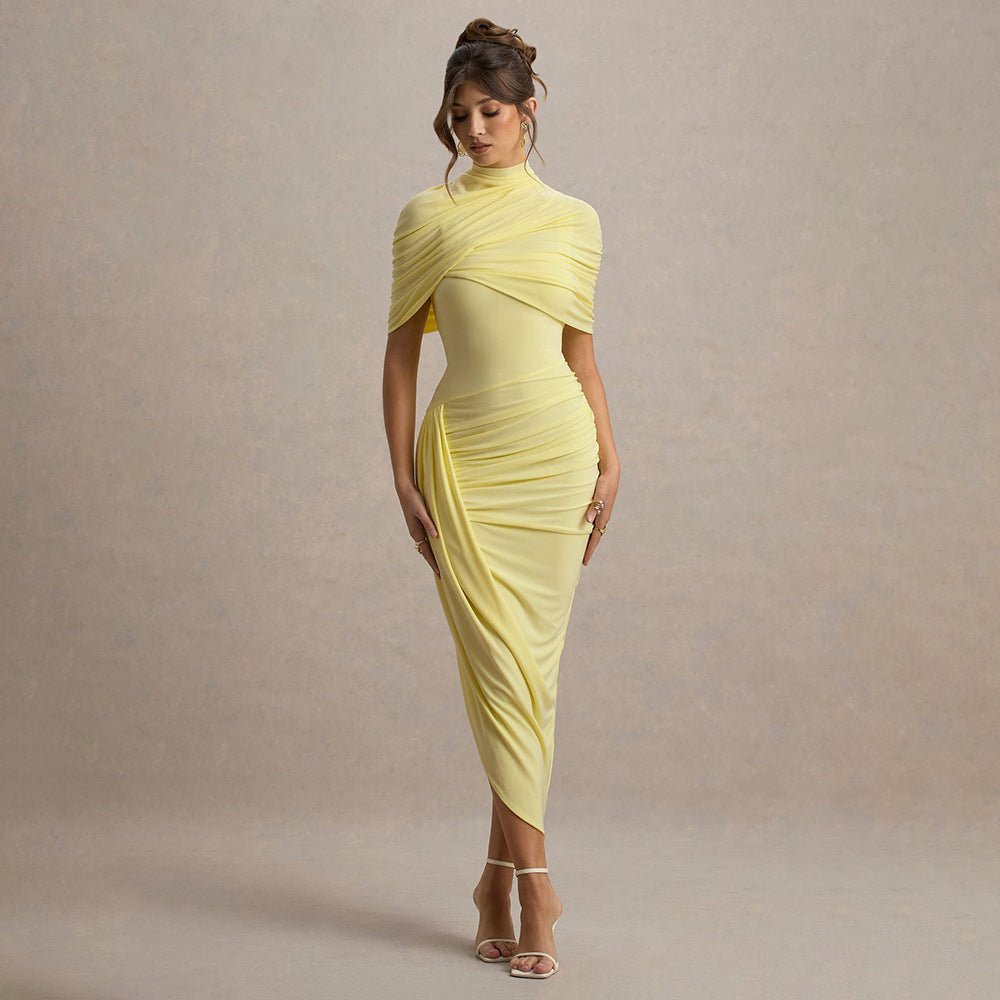 Robe Midi Moulante Froncée à Manches Cape et Col Montant Élégante - IVOIRART.COM