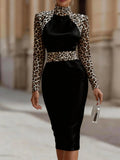 Robe-midi moulante sexy col montant, taille marquée, soirée, polyester, S-XXL EU - IVOIRART.COM