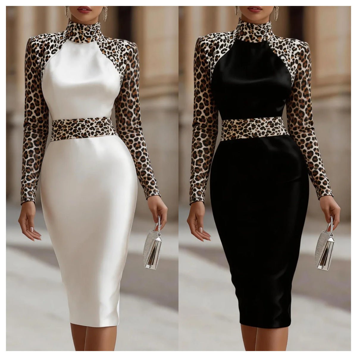 Robe-midi moulante sexy col montant, taille marquée, soirée, polyester, S-XXL EU - IVOIRART.COM