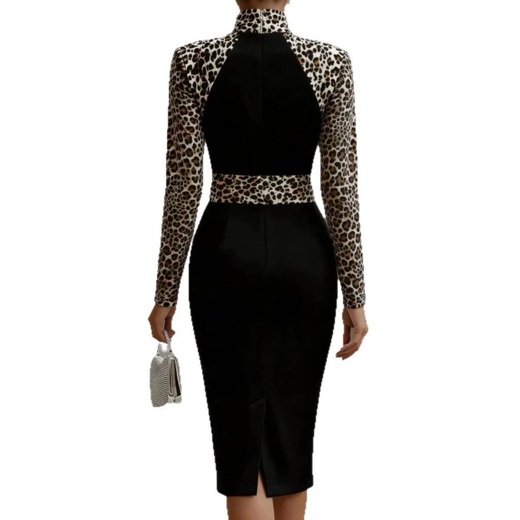 Robe-midi moulante sexy col montant, taille marquée, soirée, polyester, S-XXL EU - IVOIRART.COM