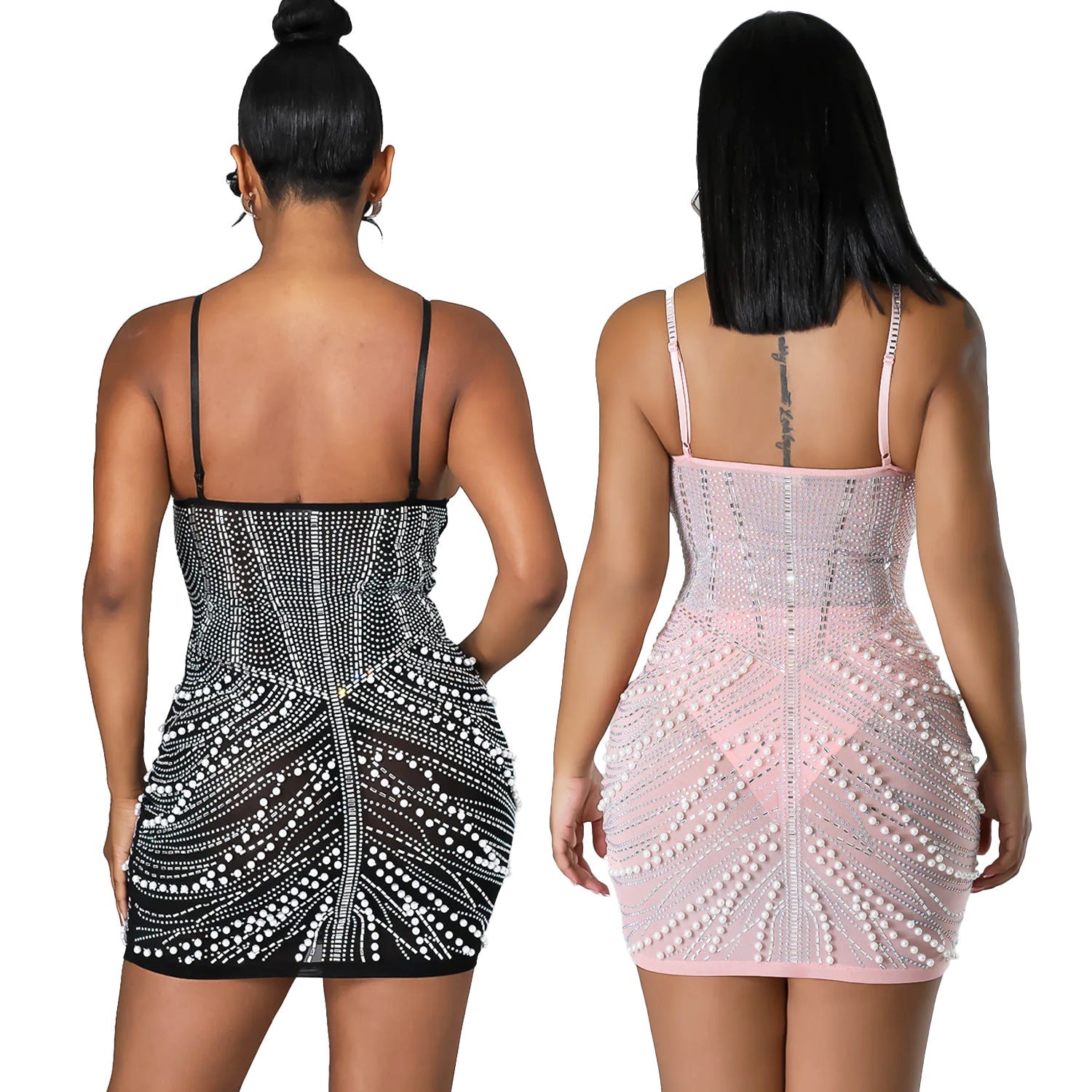 Robe moulante en maille filet ornée de strass - Élégance sexy et moderne - IVOIRART.COM