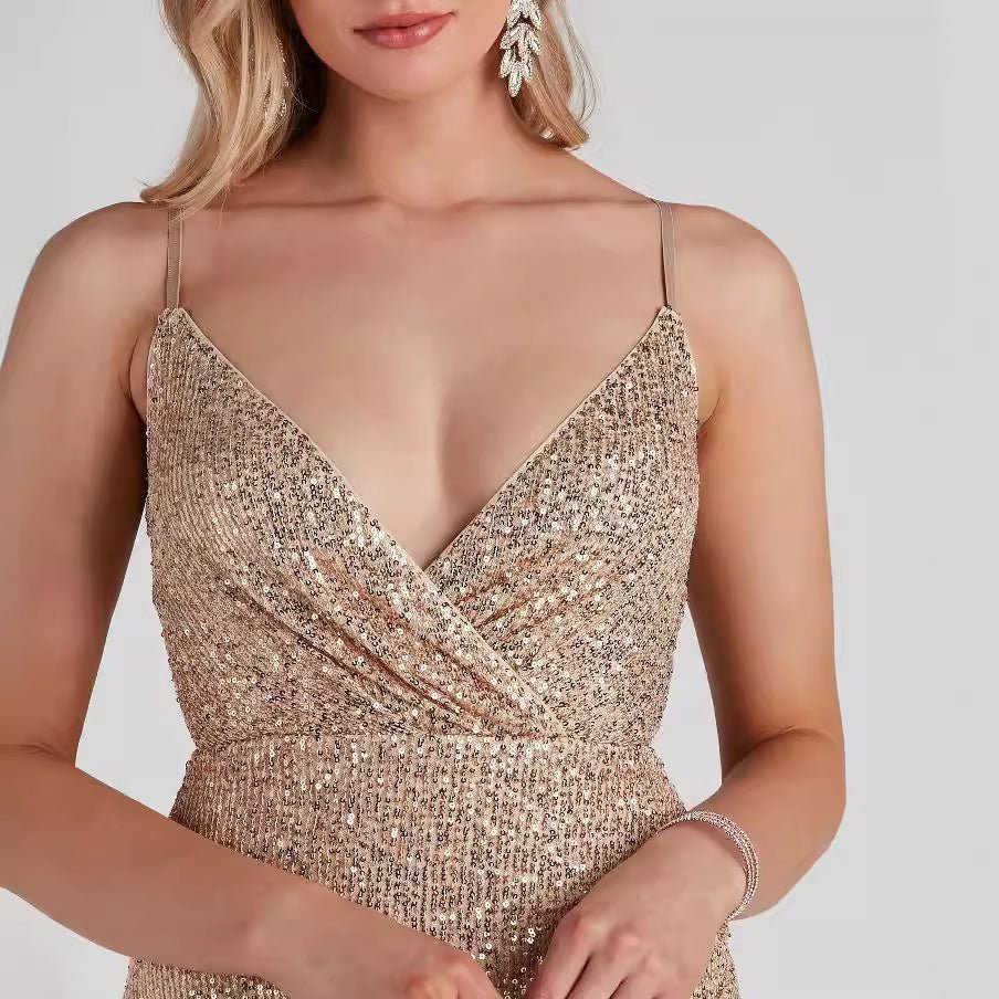 Robe moulante femme décolleté V paillettes fines bretelles chic soirée glamour + - IVOIRART.COM