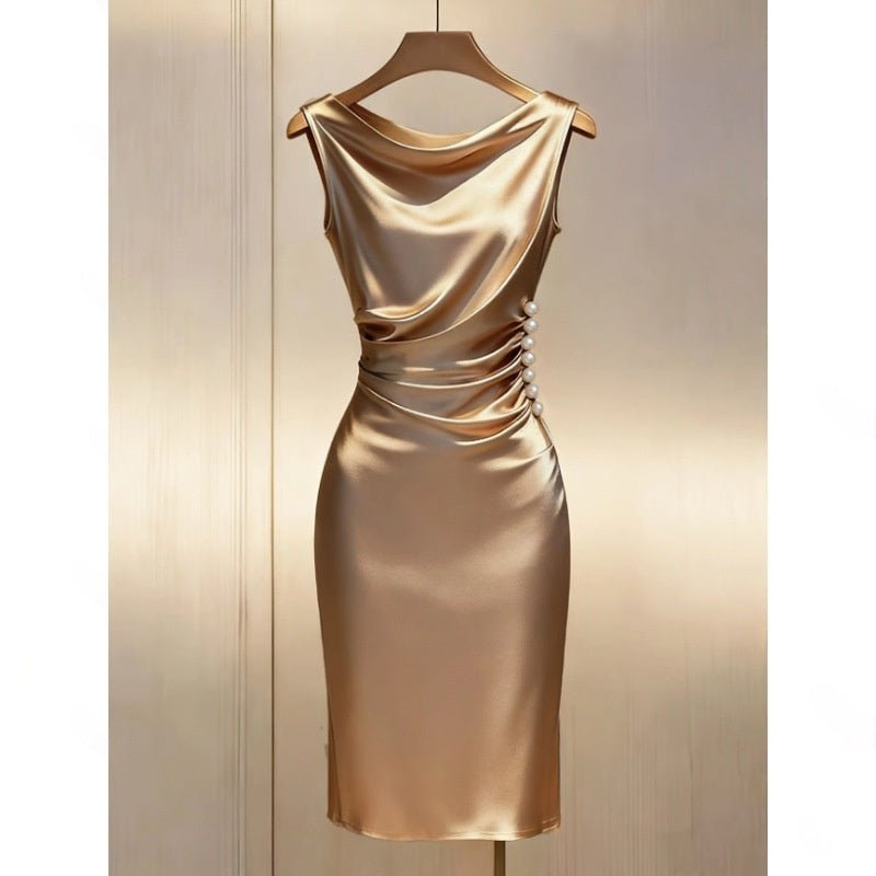 Robe Moulante Midi en Satin Sans Manches pour Femme, Élégante et Moderne - IVOIRART.COM