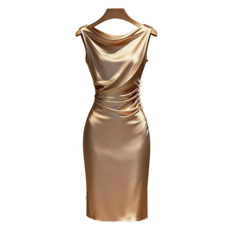 Robe Moulante Midi en Satin Sans Manches pour Femme, Élégante et Moderne - IVOIRART.COM