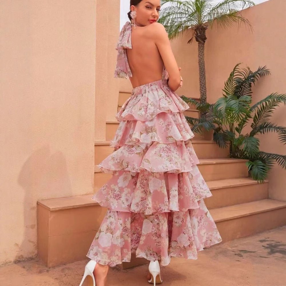 Robe pour Femme à Col en V et Bretelles, Imprimé Multicouche Élégant - IVOIRART.COM