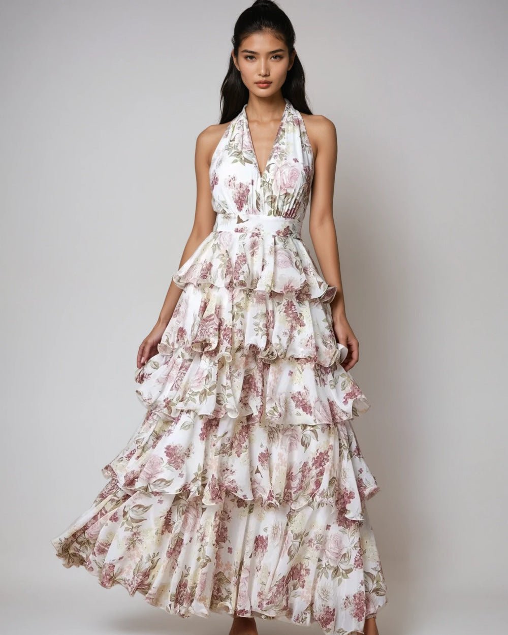 Robe pour Femme à Col en V et Bretelles, Imprimé Multicouche Élégant - IVOIRART.COM