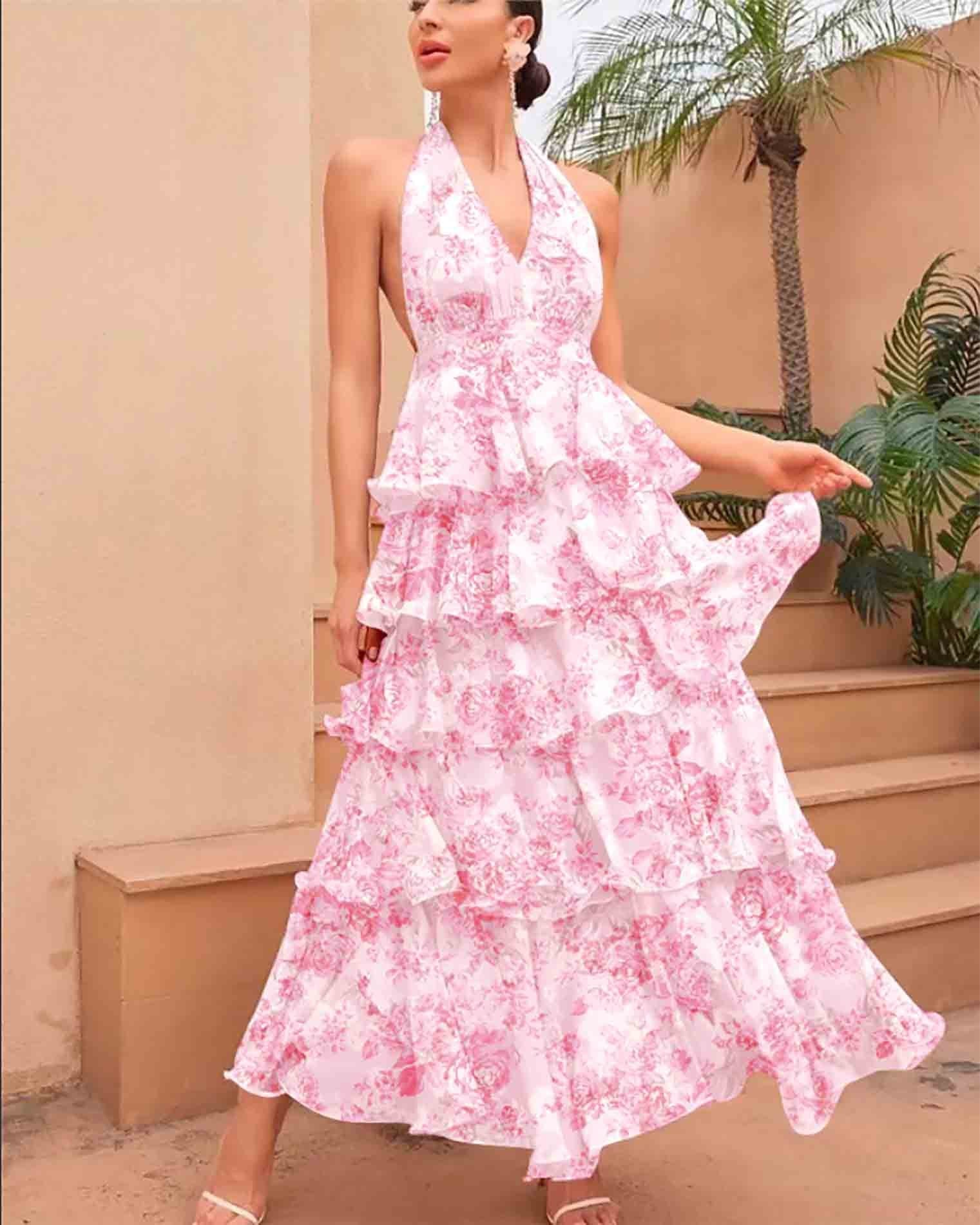 Robe pour Femme à Col en V et Bretelles, Imprimé Multicouche Élégant - IVOIRART.COM