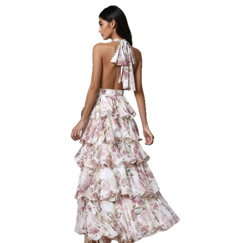 Robe pour Femme à Col en V et Bretelles, Imprimé Multicouche Élégant - IVOIRART.COM