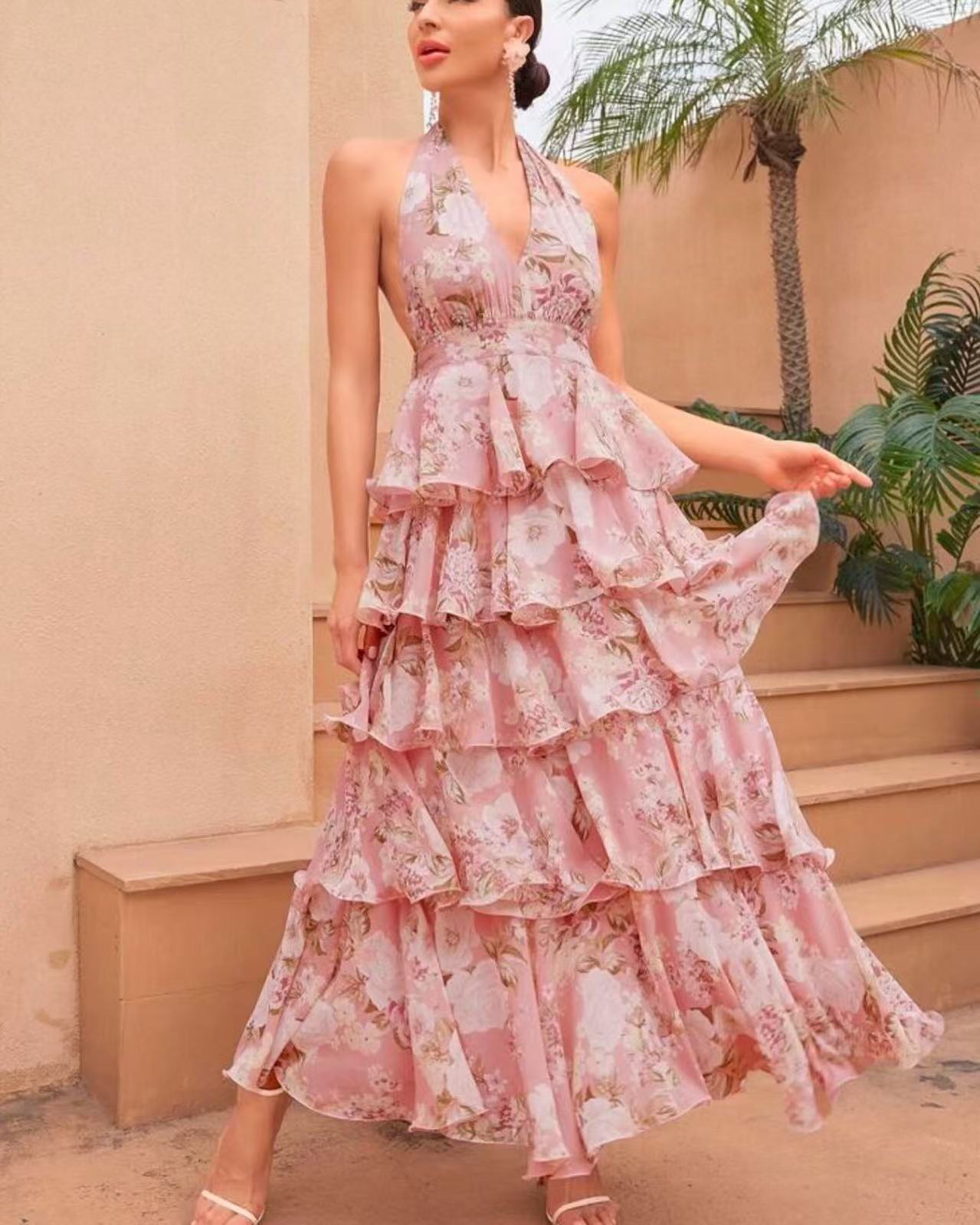 Robe pour Femme à Col en V et Bretelles, Imprimé Multicouche Élégant - IVOIRART.COM