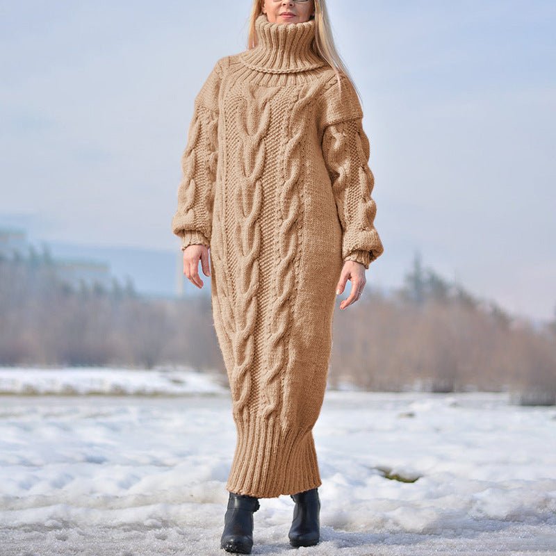 Robe Pull-over en Laine Tricotée Ample à Col Montant et Motif Torsadé - IVOIRART.COM