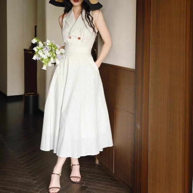 Robe rétro rayée à col licou et taille cintrée, style jupe longue en coton - IVOIRART.COM