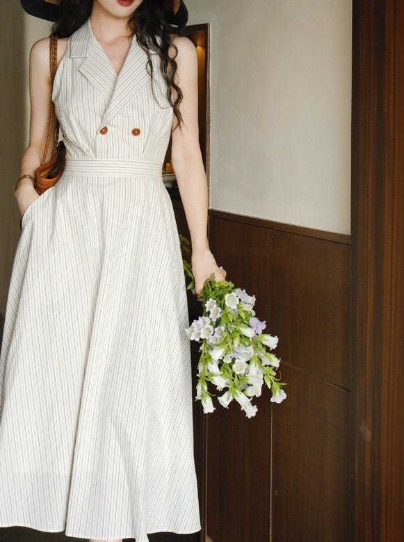 Robe rétro rayée à col licou et taille cintrée, style jupe longue en coton - IVOIRART.COM