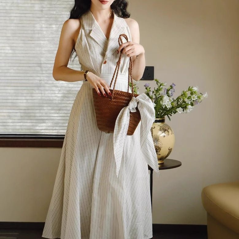Robe rétro rayée à col licou et taille cintrée, style jupe longue en coton - IVOIRART.COM