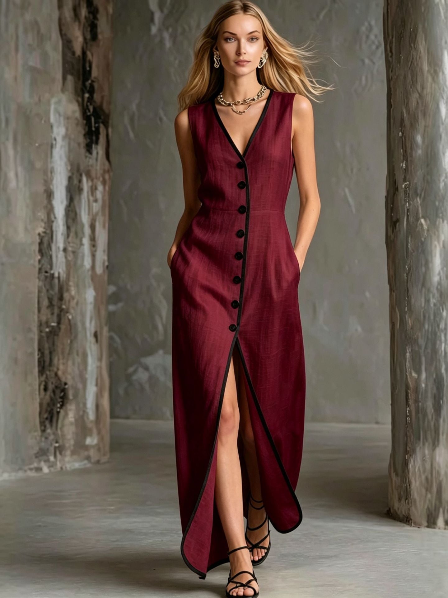 Robe sans manches fendue style station balnéaire à simple boutonnage, longue et ample - IVOIRART.COM