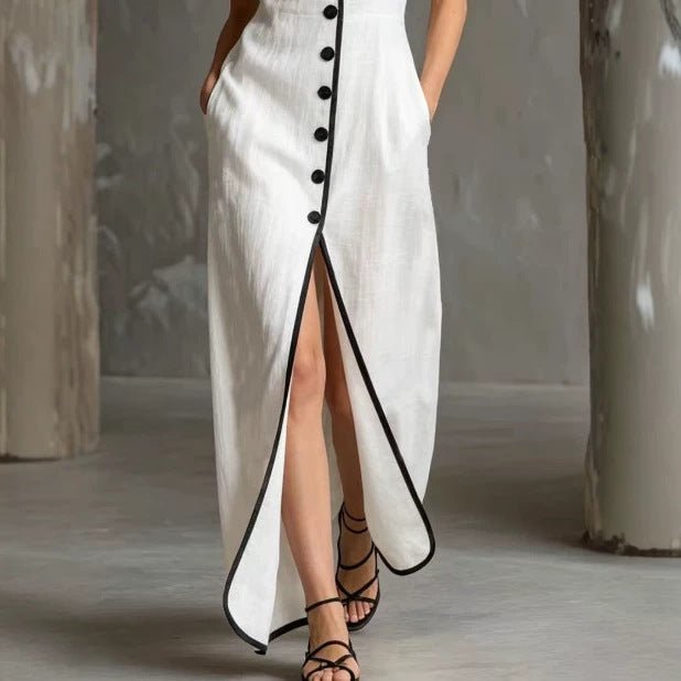 Robe sans manches fendue style station balnéaire à simple boutonnage, longue et ample - IVOIRART.COM