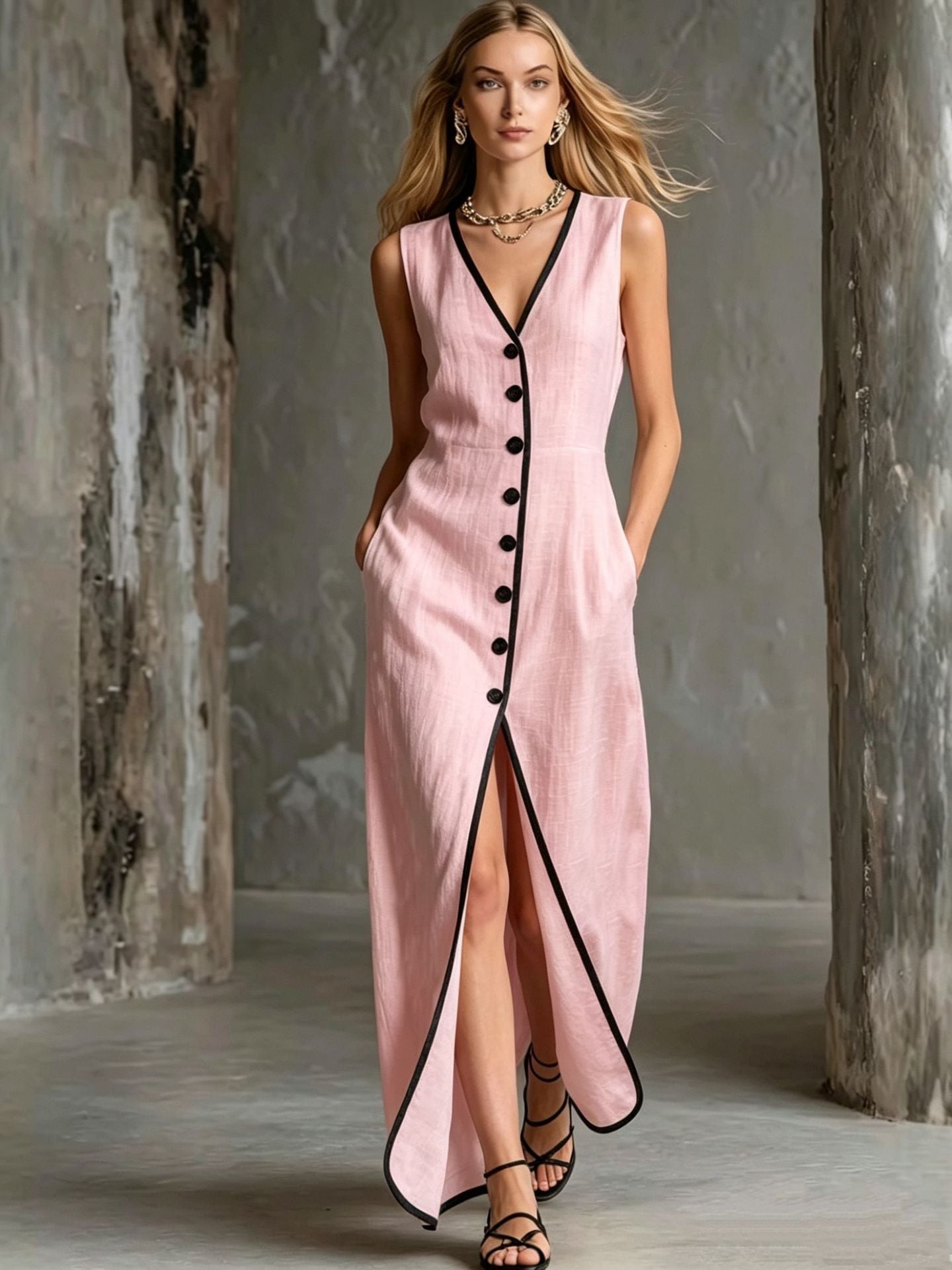 Robe sans manches fendue style station balnéaire à simple boutonnage, longue et ample - IVOIRART.COM