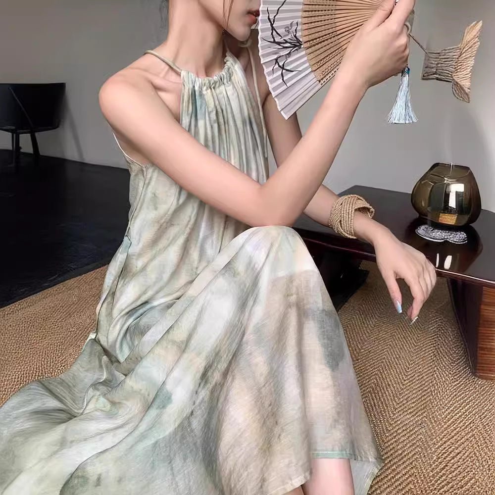 Robe sans manches style chinois à col noué avec teinture dégradée ombrée verte élégante - IVOIRART.COM